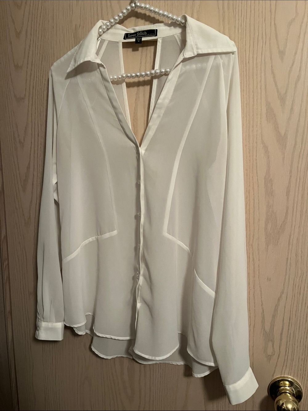 Love Stitch Off-White Sheer V-Neck Blouse